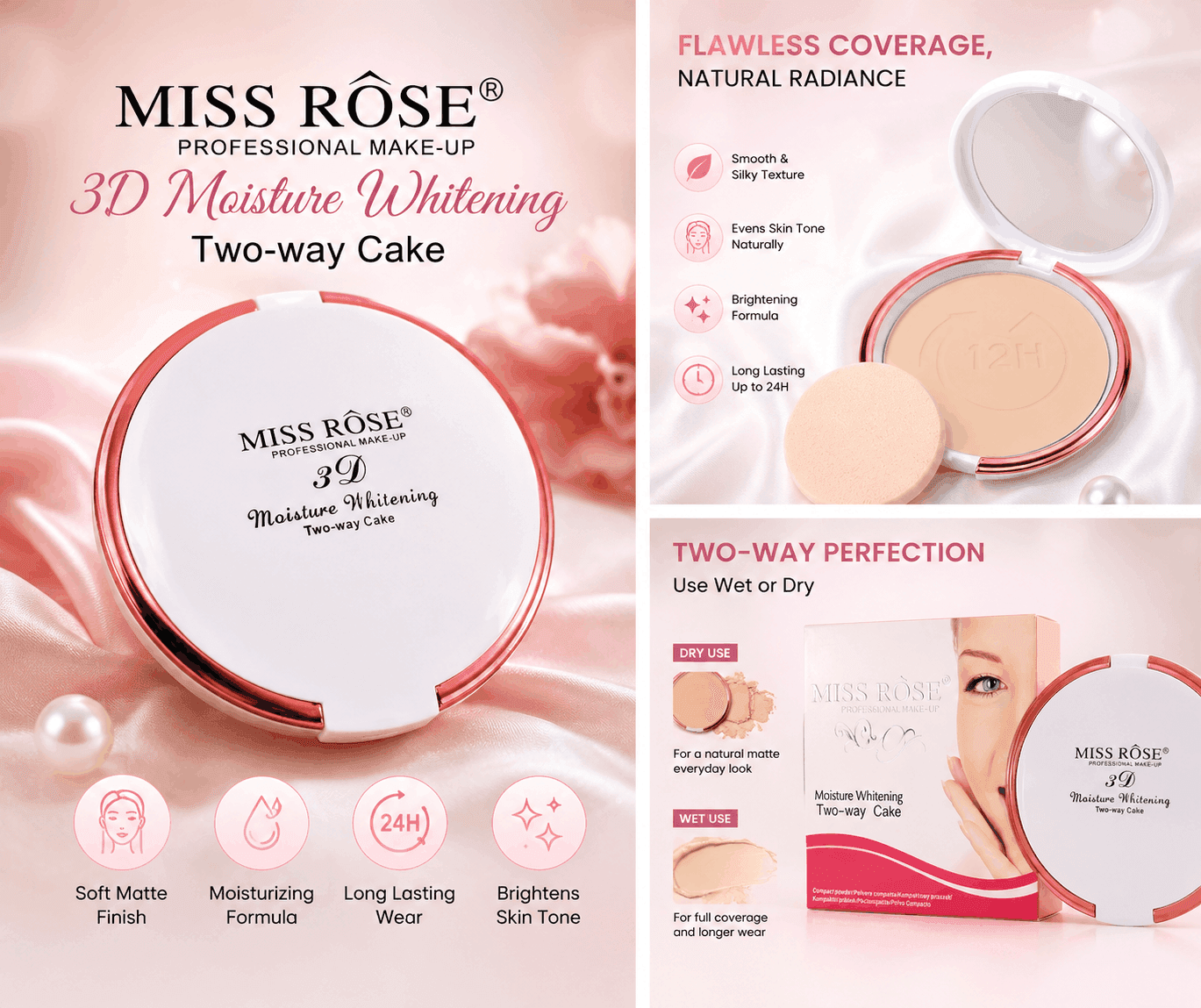 MISS ROSE Moisture Whitening Two-Way Cake – Professional Compact Powder