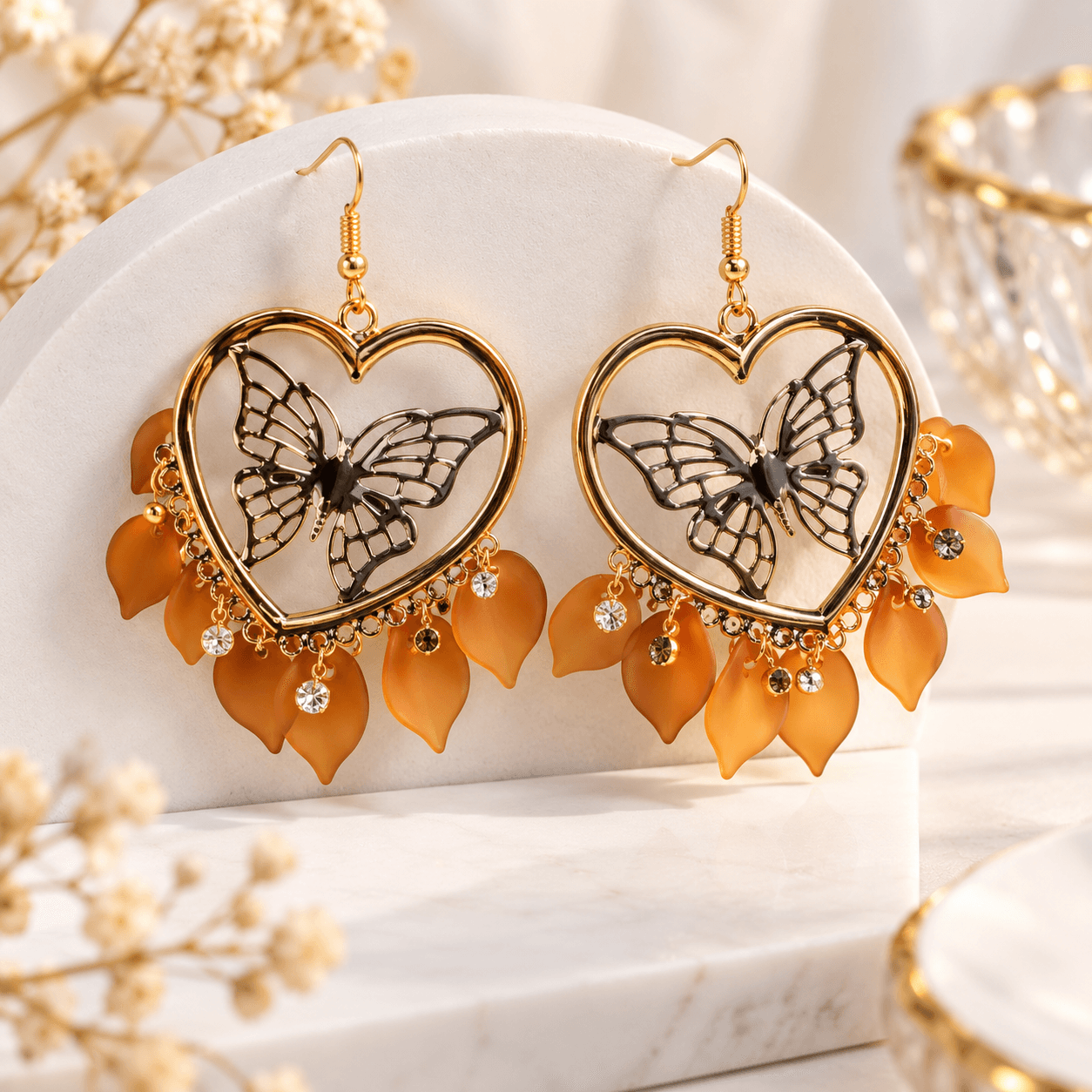 Golden Heart Butterfly Dangle Earrings with Orange Petal Charms