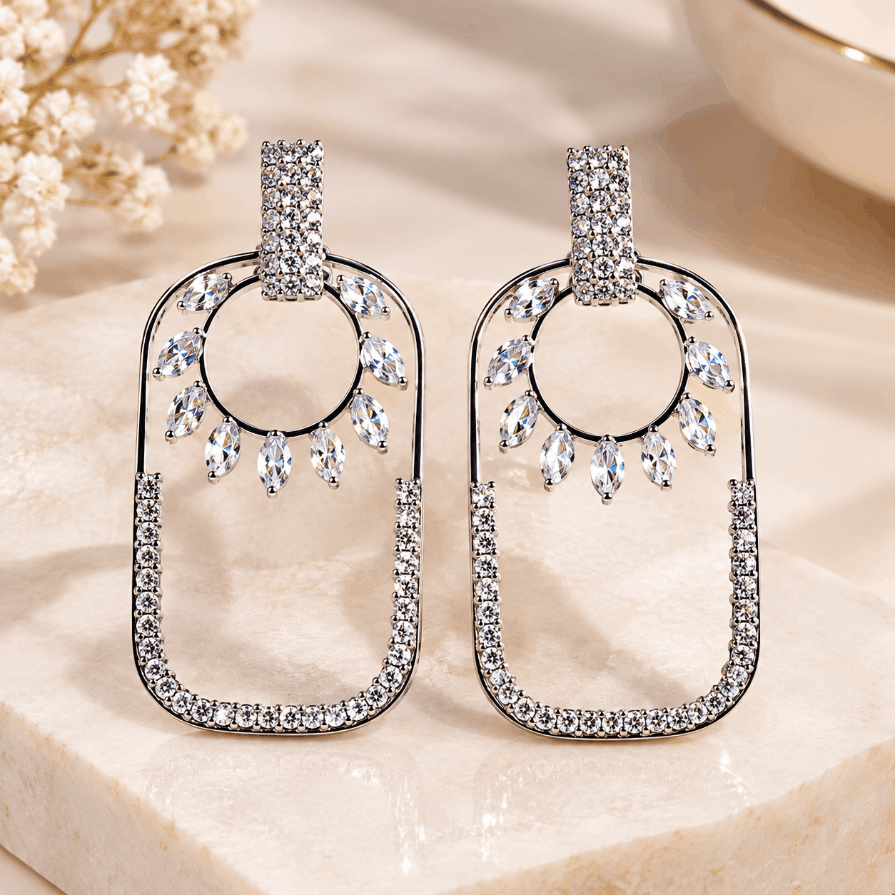 Silver-Tone Rectangle Rhinestone Dangle Earrings with Leaf Accents