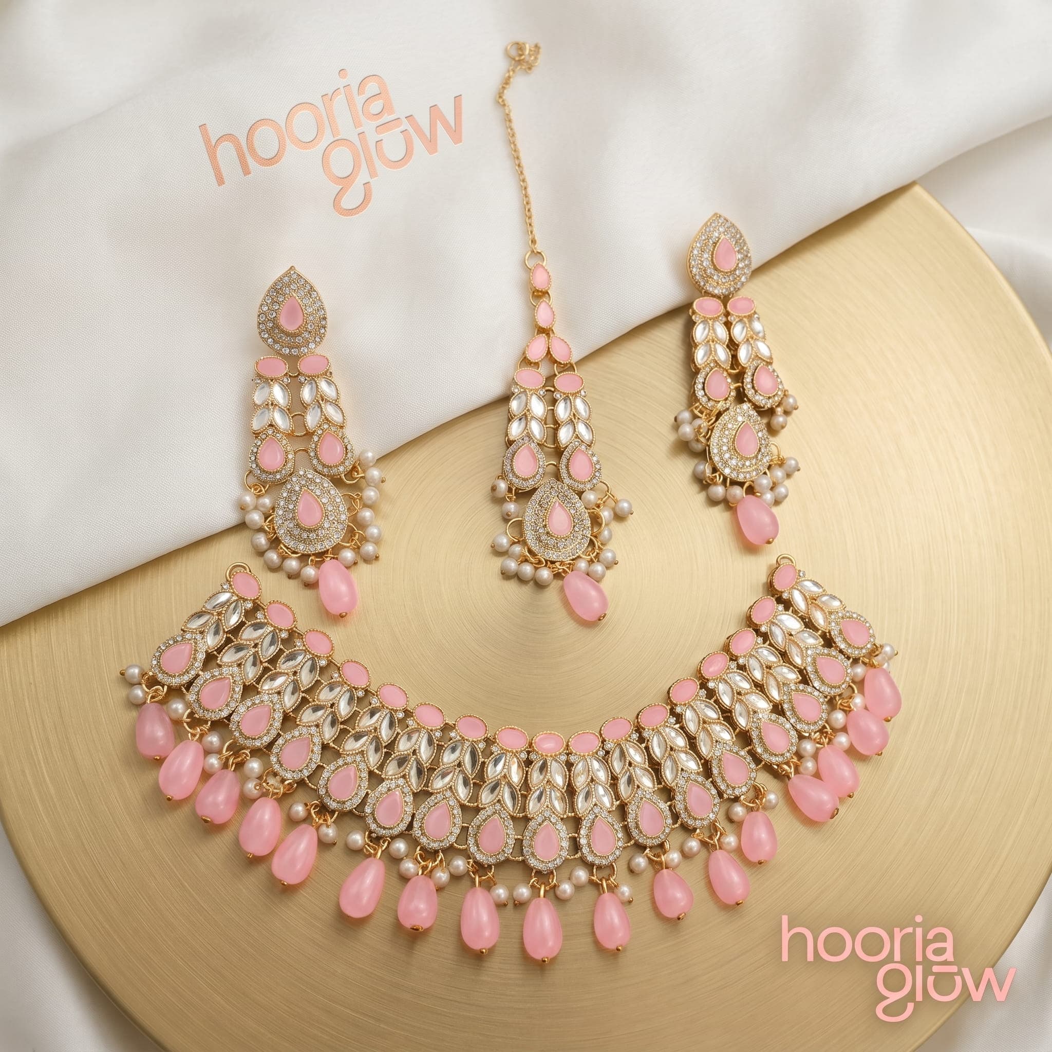 Rose Pink Kundan-Style Bridal Choker Jewelry Set with Earrings and Maang Tikka