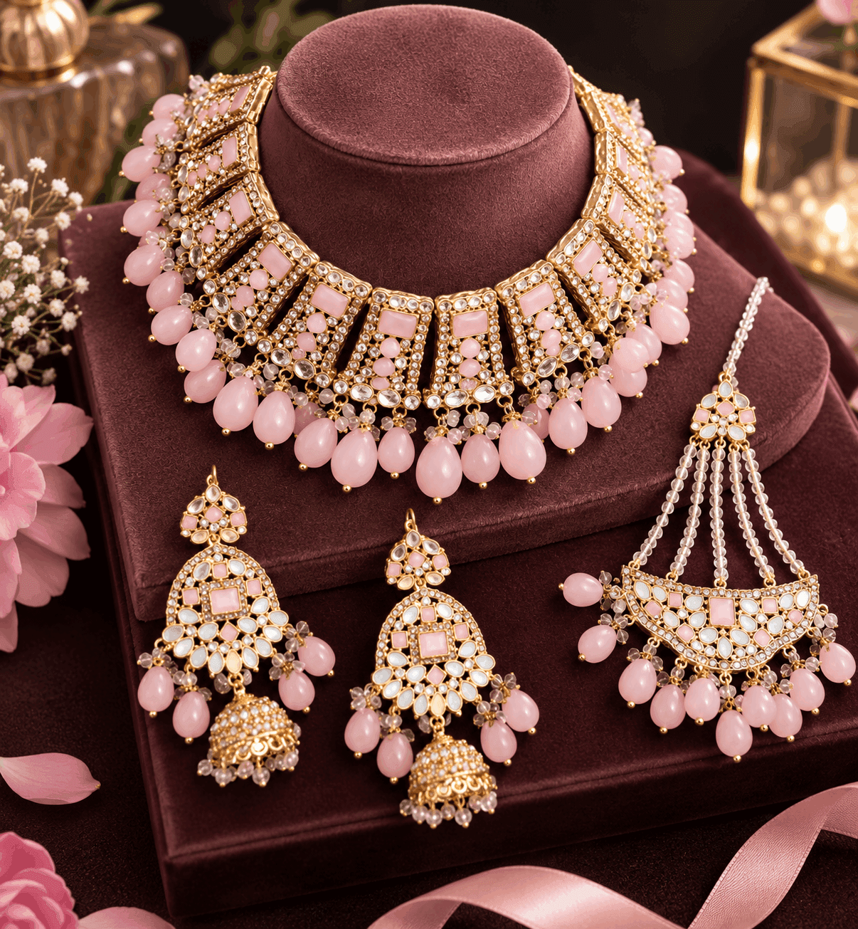 Mehfil Rose Kundan-Style Bridal Necklace Set with Jhumka Earrings and Maang Tikka